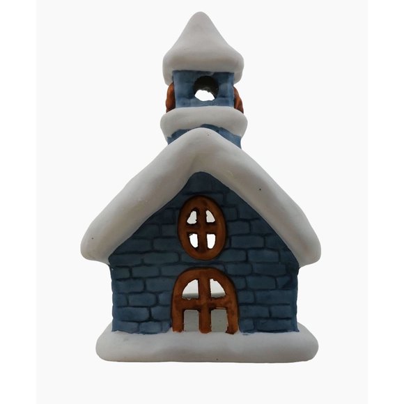 Colonial Candle Holder Winter Blue Ceramic Building Snow Tea Light Votive Holder - Picture 9 of 10